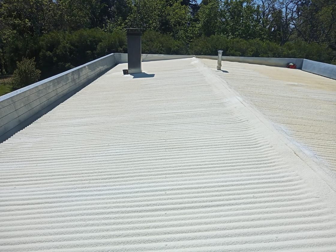 Techo blanco texturizado con chimenea y respiradero, rodeado por un muro bajo. Árboles verdes al fondo.