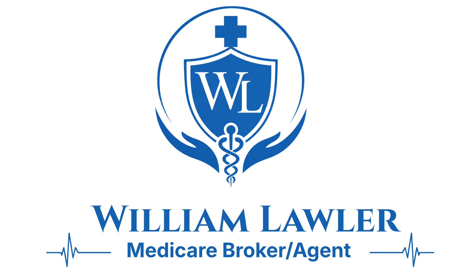 Blue William Lawler Medicare Broker/Agent logo with shield, cross, and caduceus icon