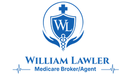 Blue William Lawler Medicare Broker/Agent logo with shield, cross, and caduceus icon