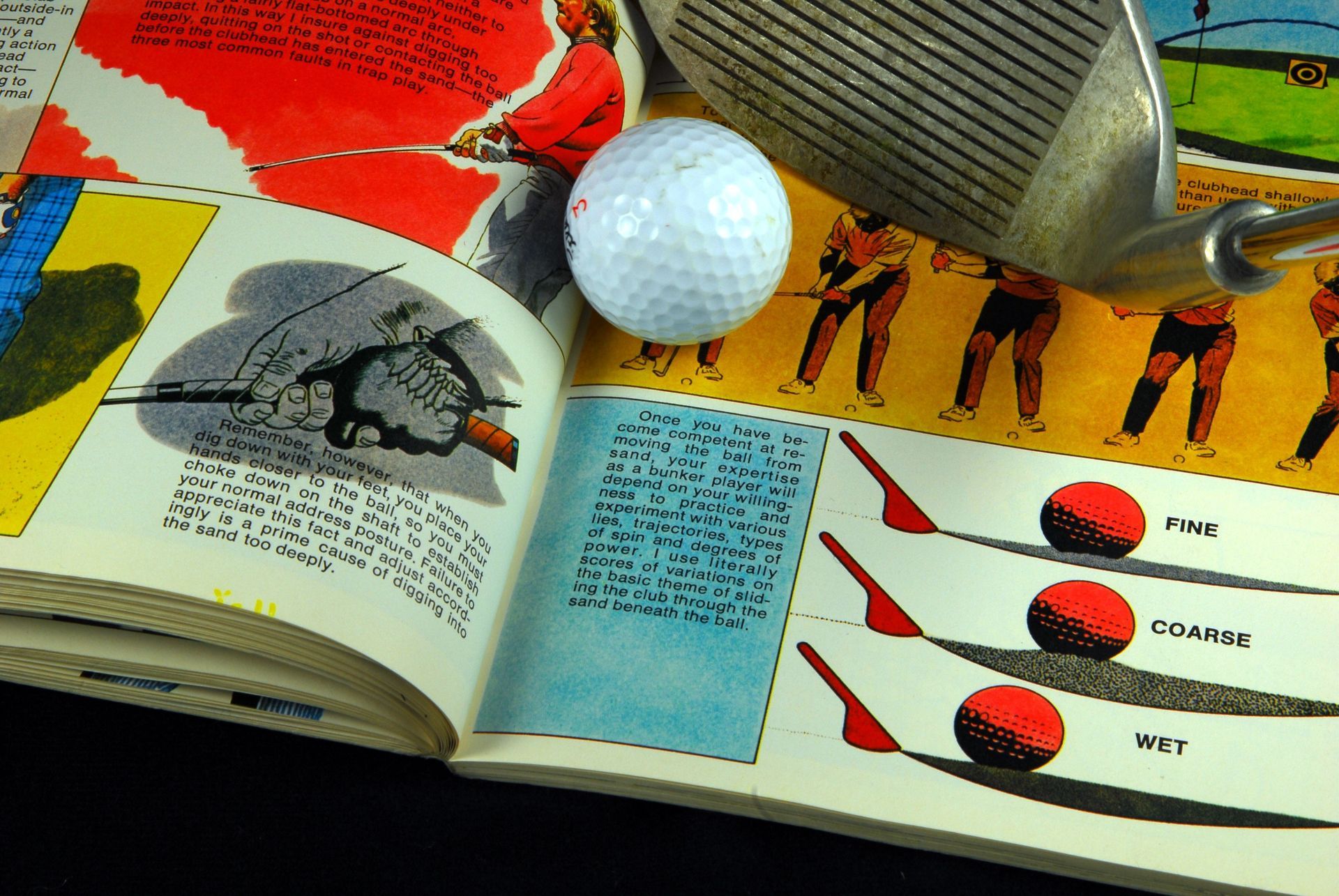 A golf ball is laying on top of an open book