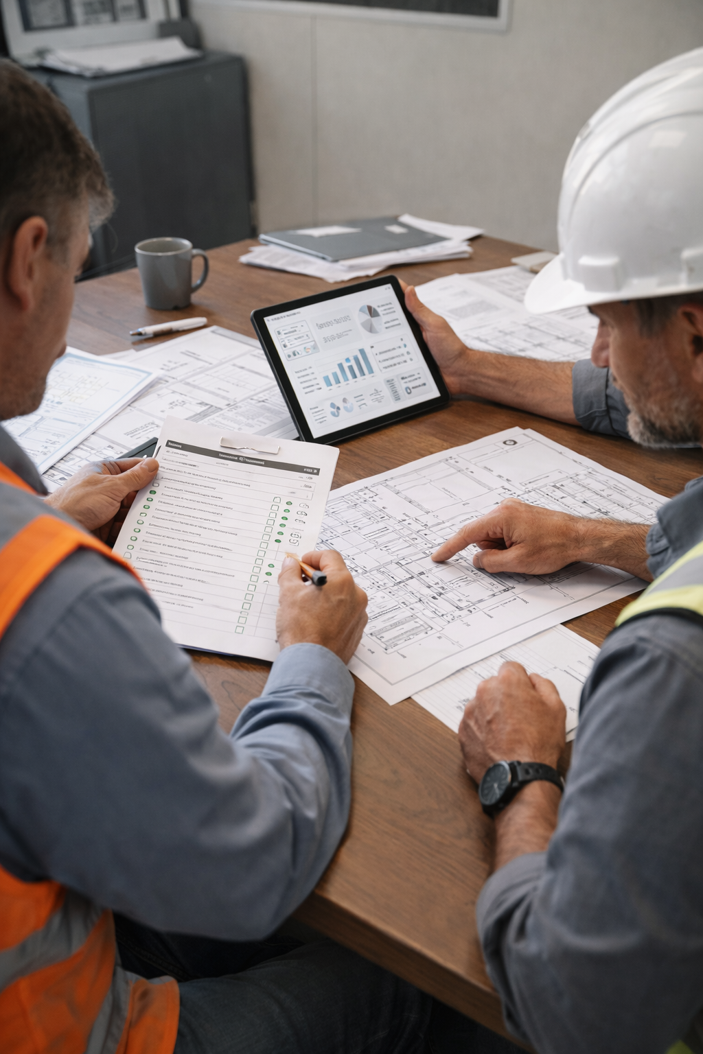 Two construction workers reviewing blueprints and a tablet at a table, one pointing, the other writing.