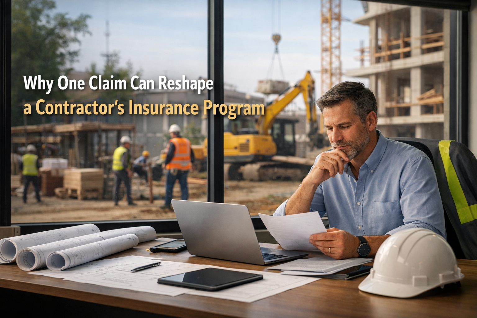 Man reviewing documents at a desk, construction site visible. White hard hat, laptop, and blueprints present.