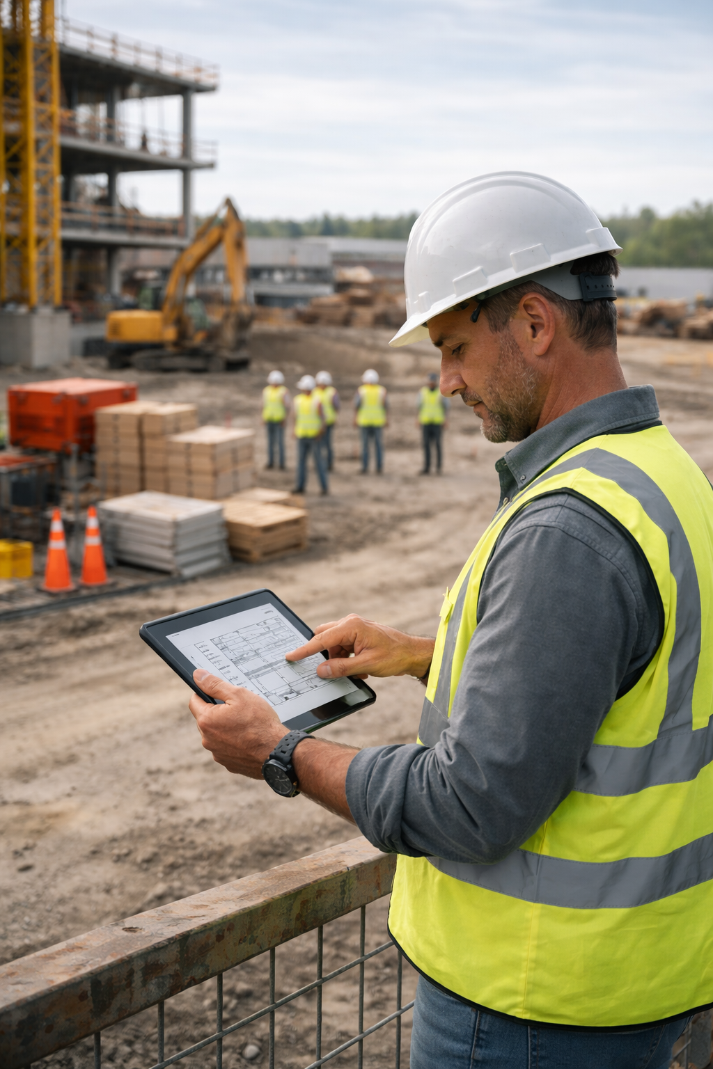 Construction worker in a white hard hat and yellow vest reviews plans on a tablet at a construction site.