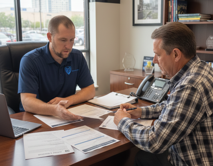 A contractor and an insurance agent in a professional office setting, discussing a 2026 insurance program over a set of insurance policies