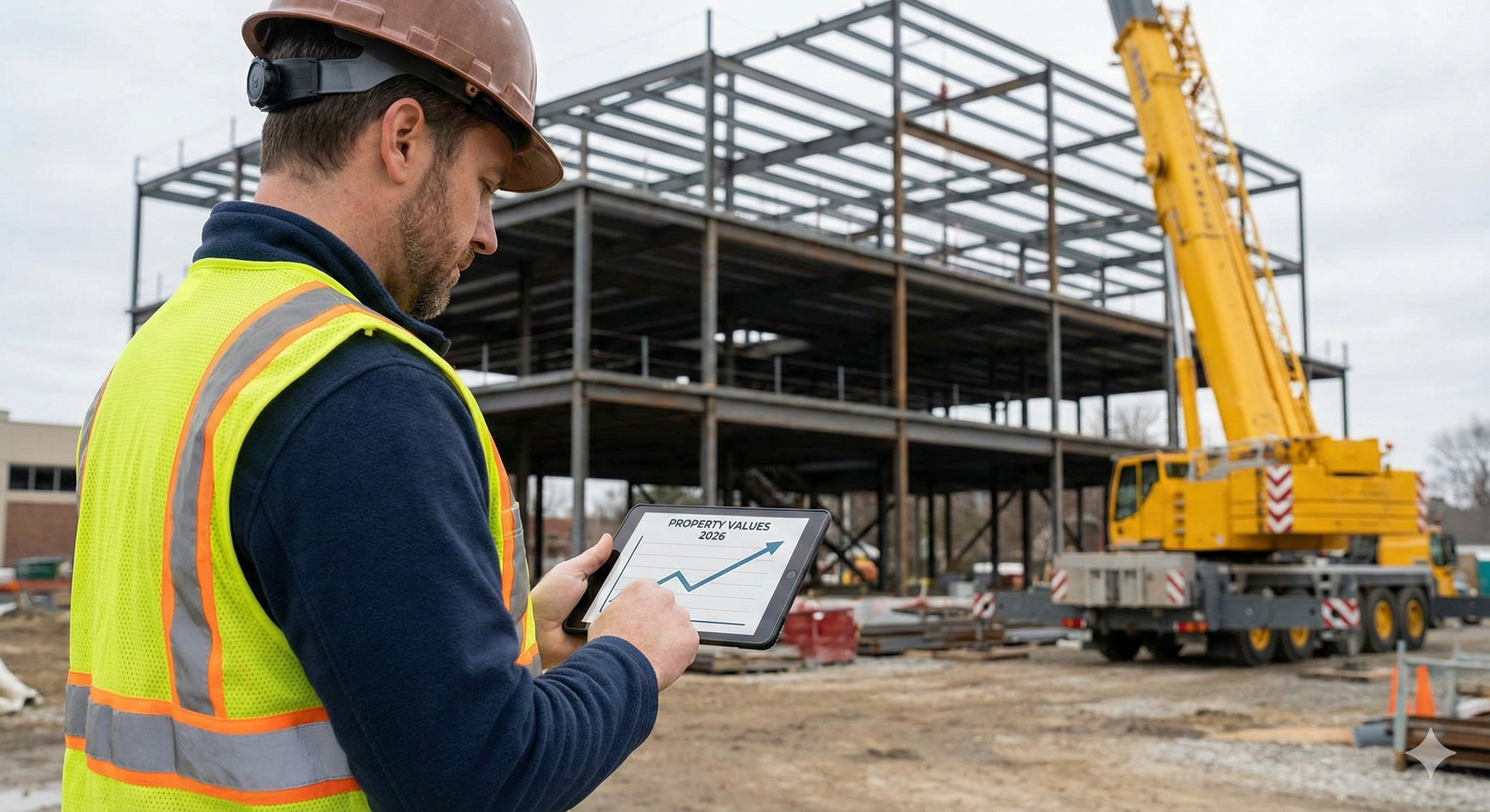 A general contractor in a hard hat and safety vest on a construction site, looking at a tablet that