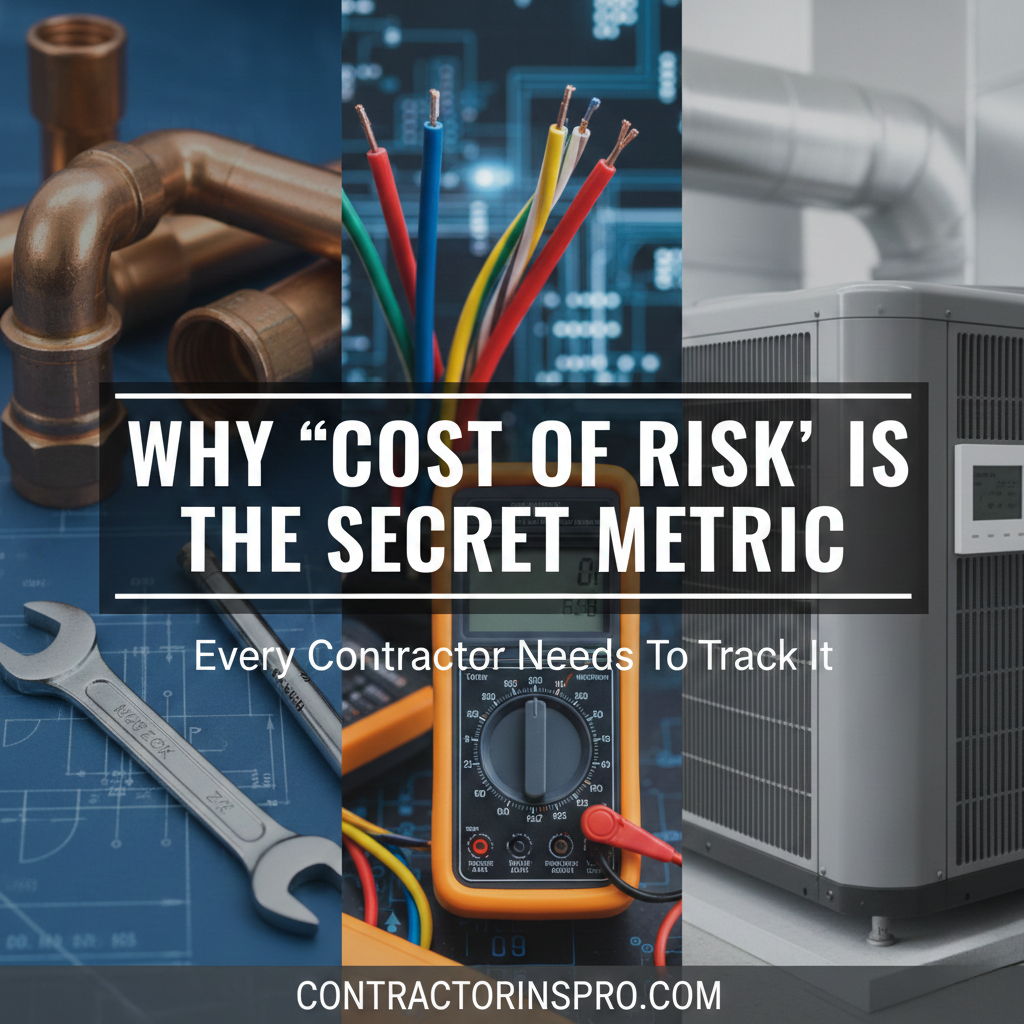 A professional graphic for ContractorInsPro featuring a collage of plumbing pipes, electrical wiring