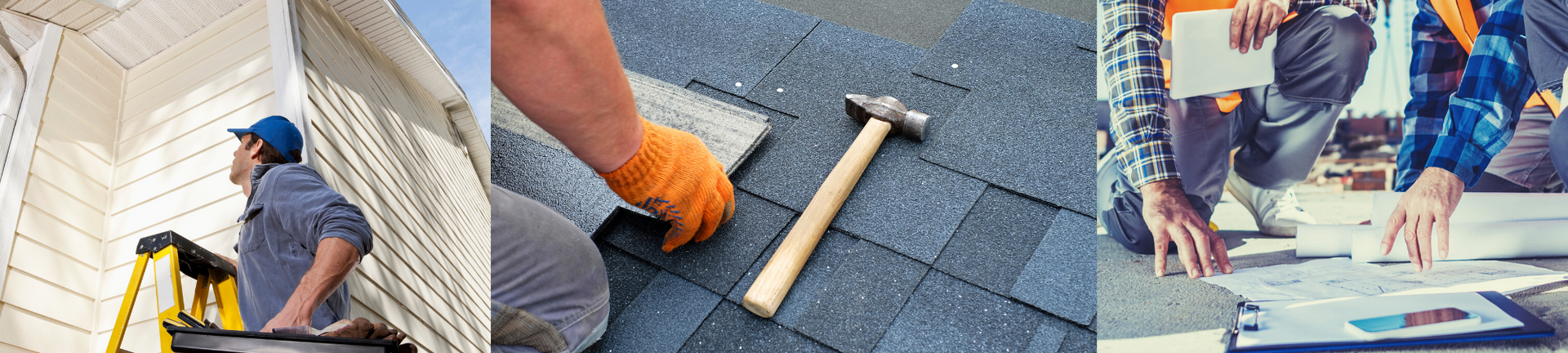 Three panels showing roofing work: a person on a ladder, a hand installing shingles with a hammer, and blueprints on a roof.