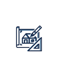 A dark blue line icon of a house blueprint, a pen, and a drafting triangle on a white background.