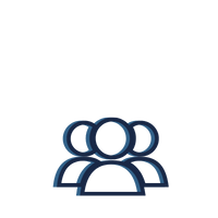 A dark blue icon featuring three stylized human figures overlapping, representing a group or team.