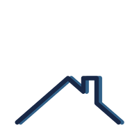 A stylized, dark blue icon of a house roofline with a chimney, featuring a subtle drop-shadow effect.