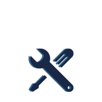 A dark blue icon featuring a crossed wrench and fork, with a small screwdriver pointing downward in the foreground.