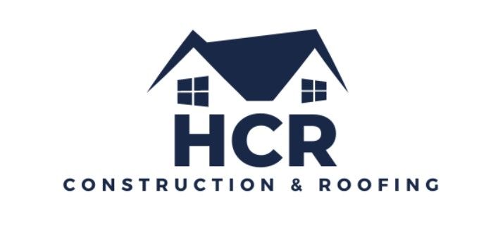 Dark blue logo for HCR Construction & Roofing featuring a house roof icon above the letters HCR.