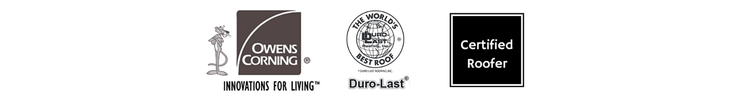 Logos for Owens Corning, Better Business Bureau Accredited Business, and Certified Roofer.