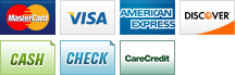 We accept Visa, MasterCard, AmericanExpress, Discover, Cash, Check, CareCredit