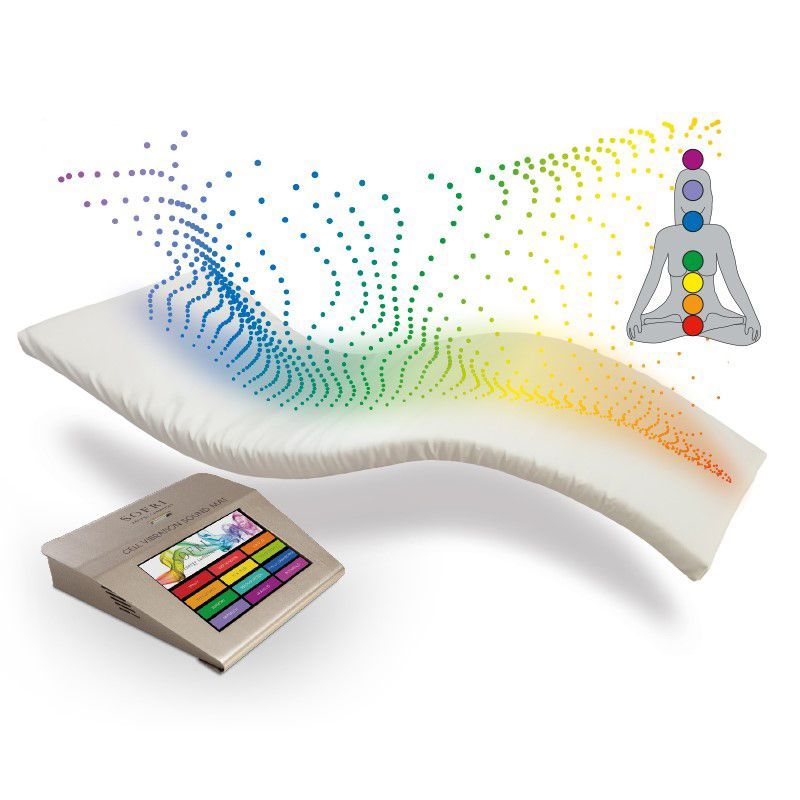 Ein Regenbogen aus Farben kommt aus einem Gerät neben einer Person im Lotussitz.