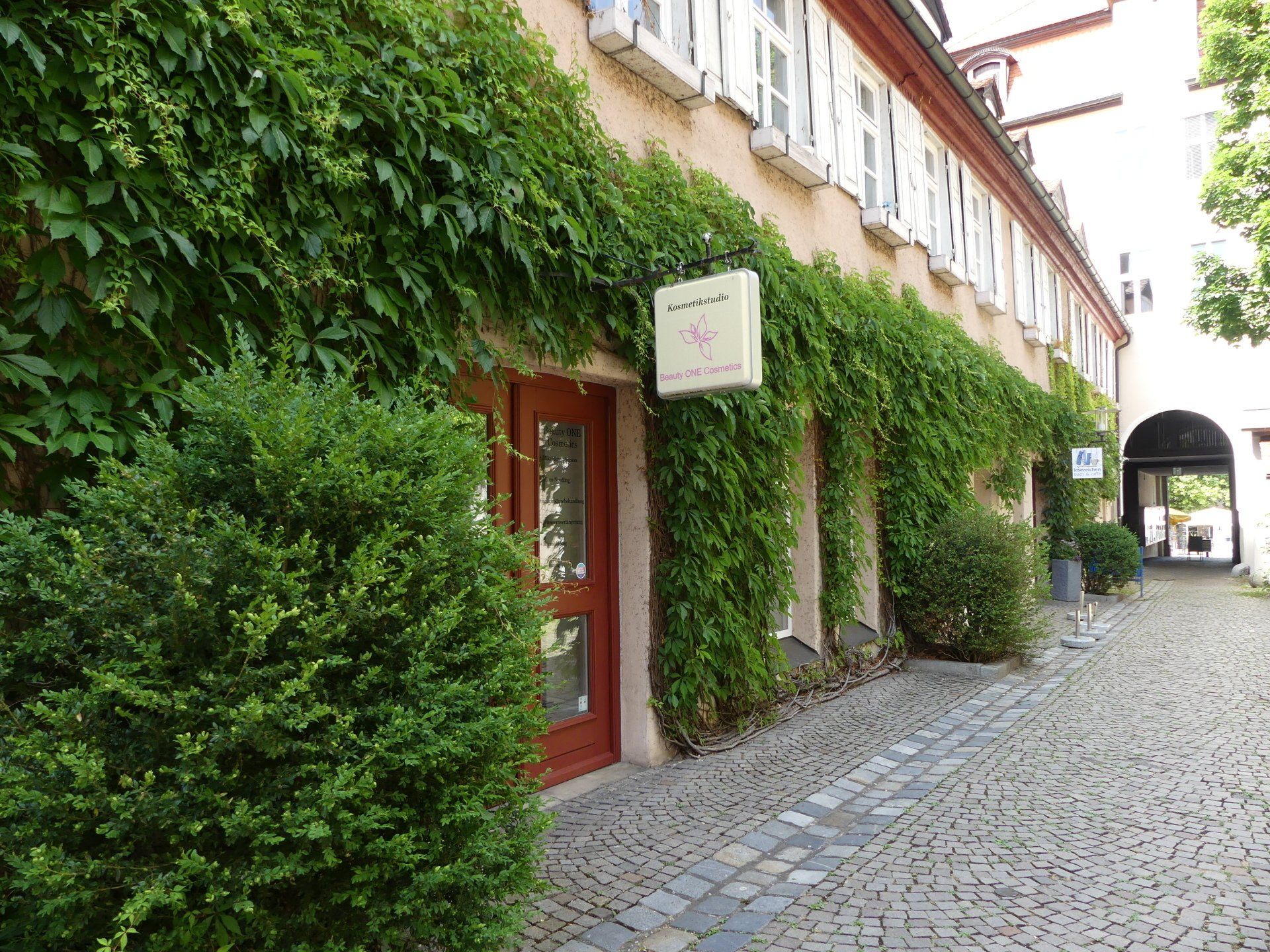 Ein Gebäude, an dessen Seite Efeu wächst