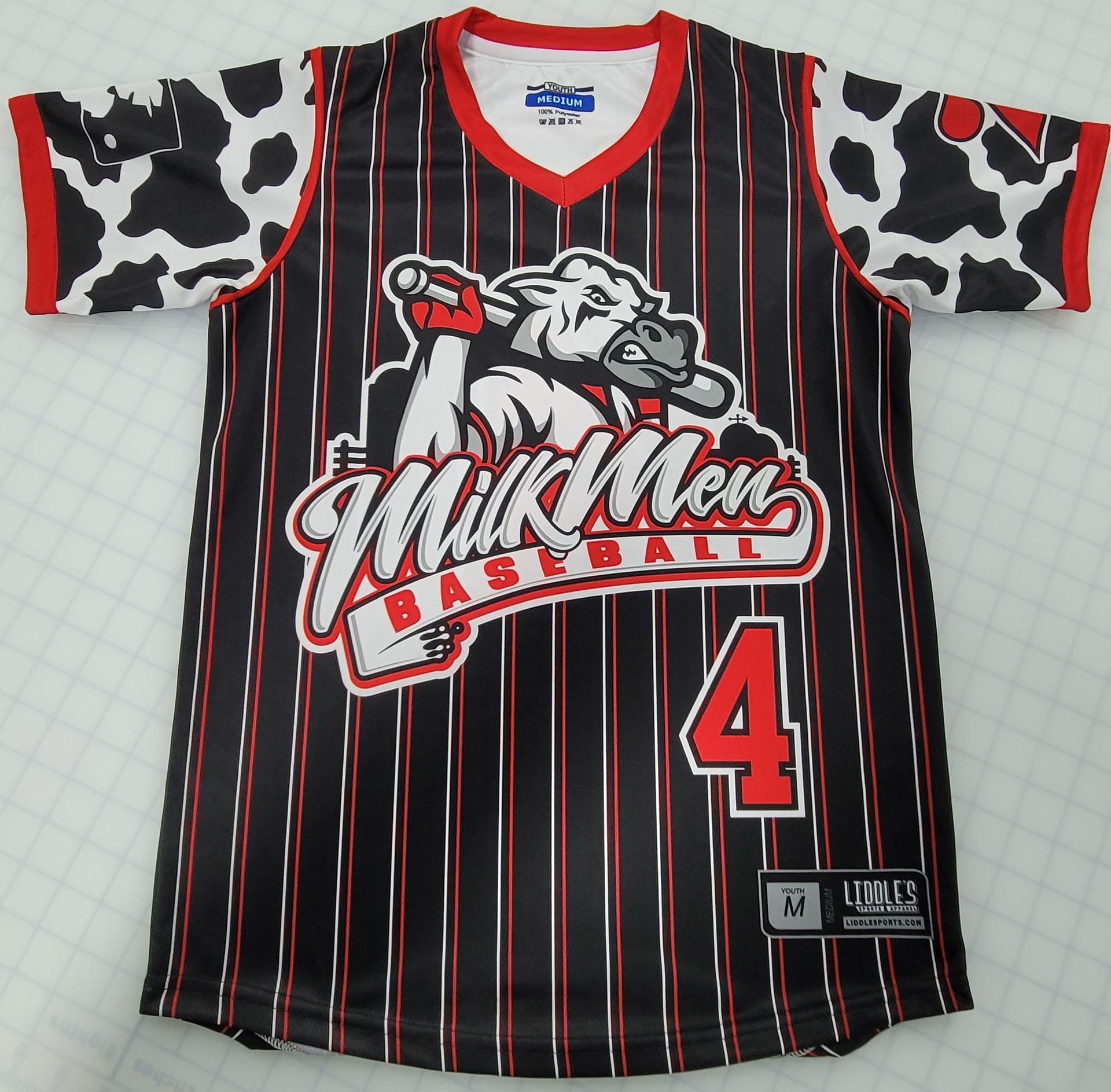 Baseball jersey with black and red stripes, cow print sleeves
