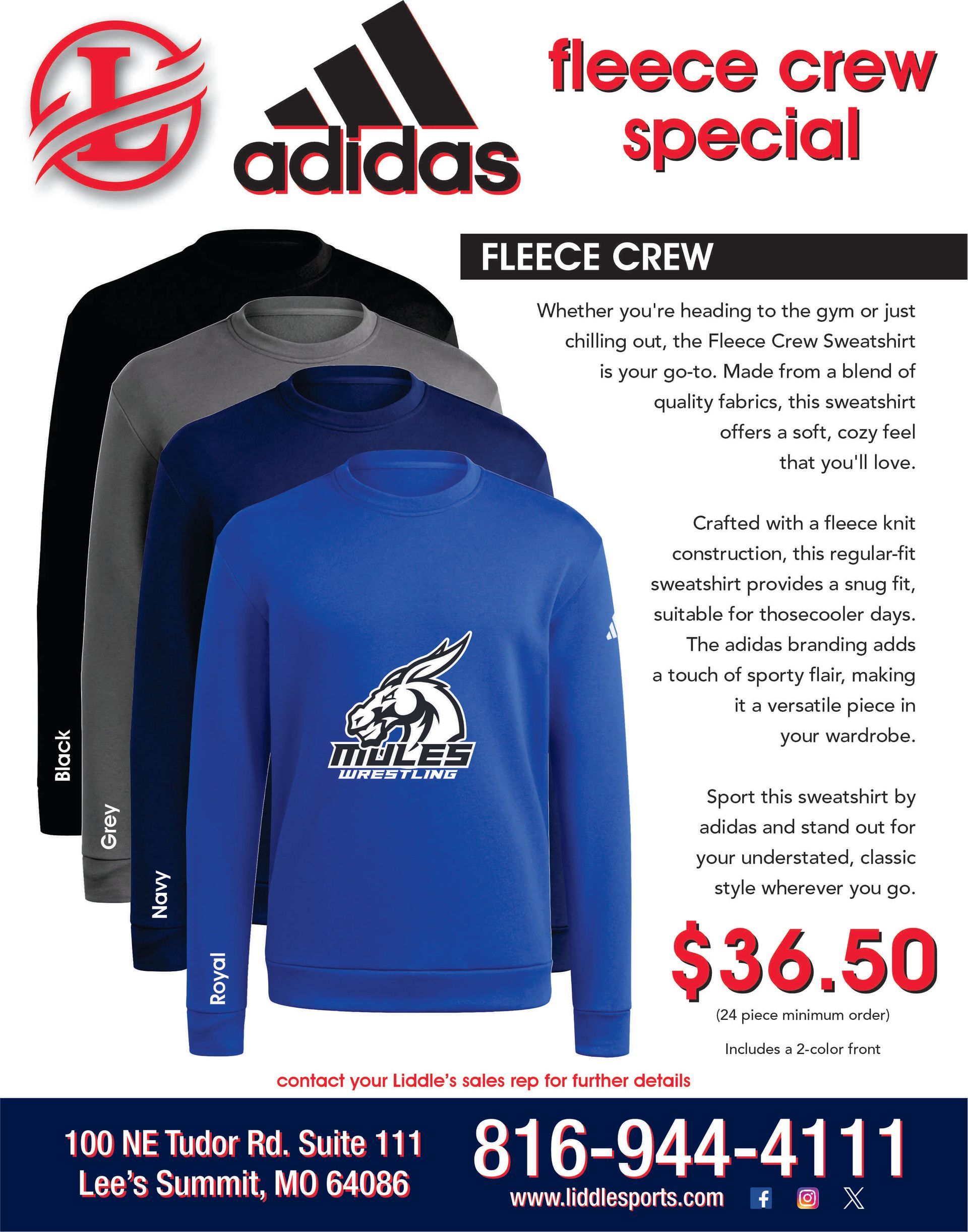Adidas fleece crew special in blue, gray and black, with a team logo and price of $36.50.