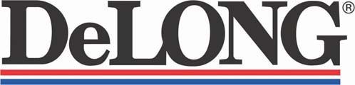 DeLONG logo with thick black letters and red and blue horizontal lines.