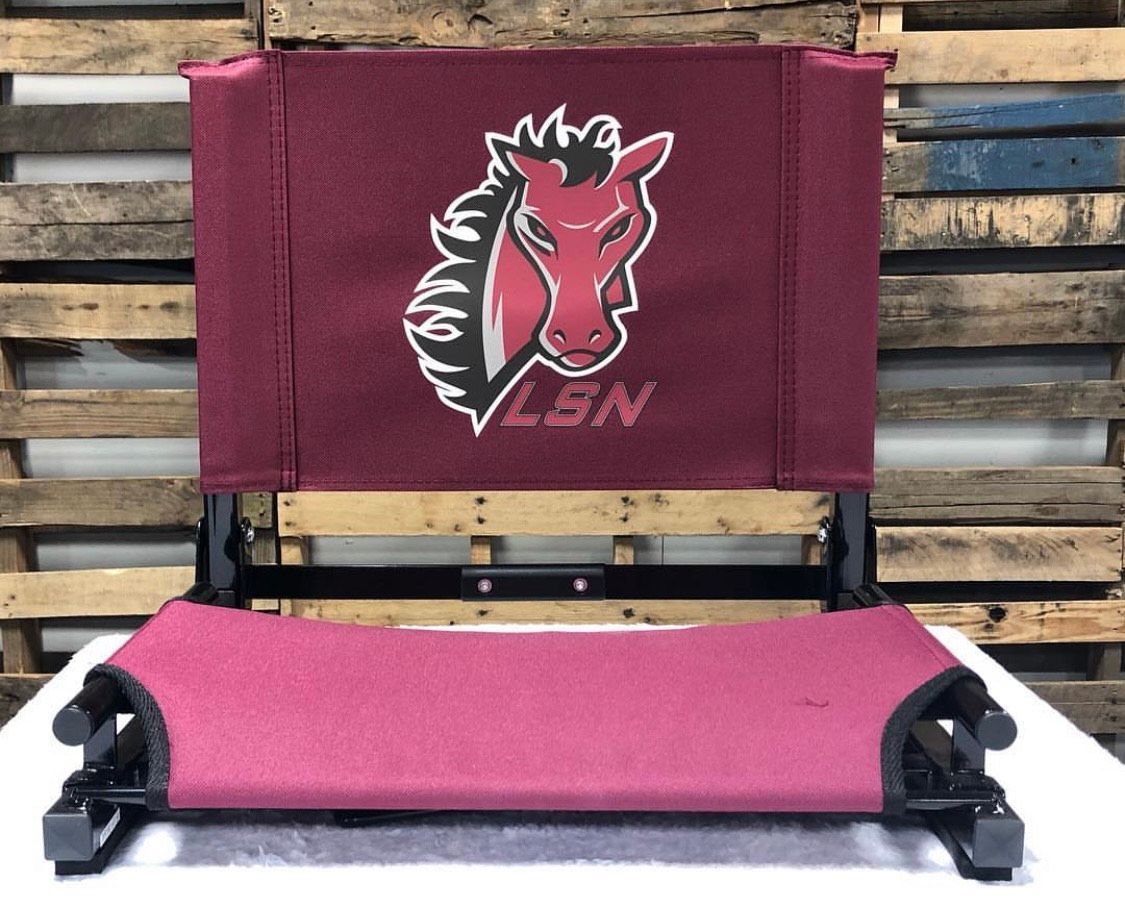 Maroon stadium seat with a horse logo