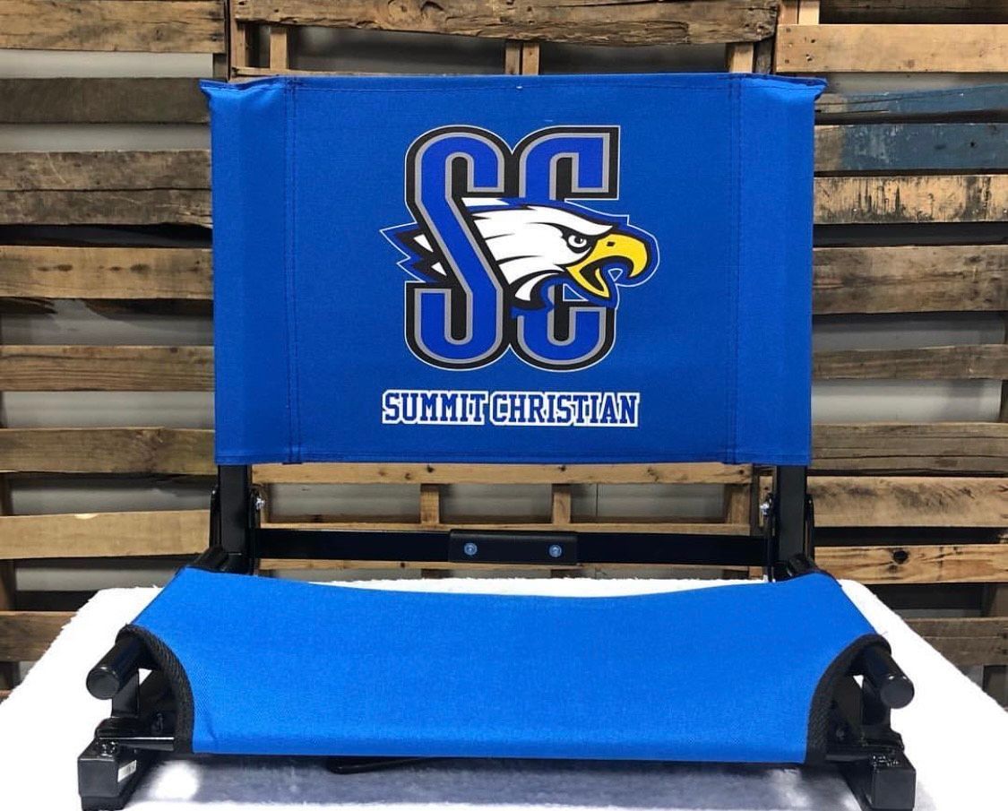 Blue stadium seat with logo