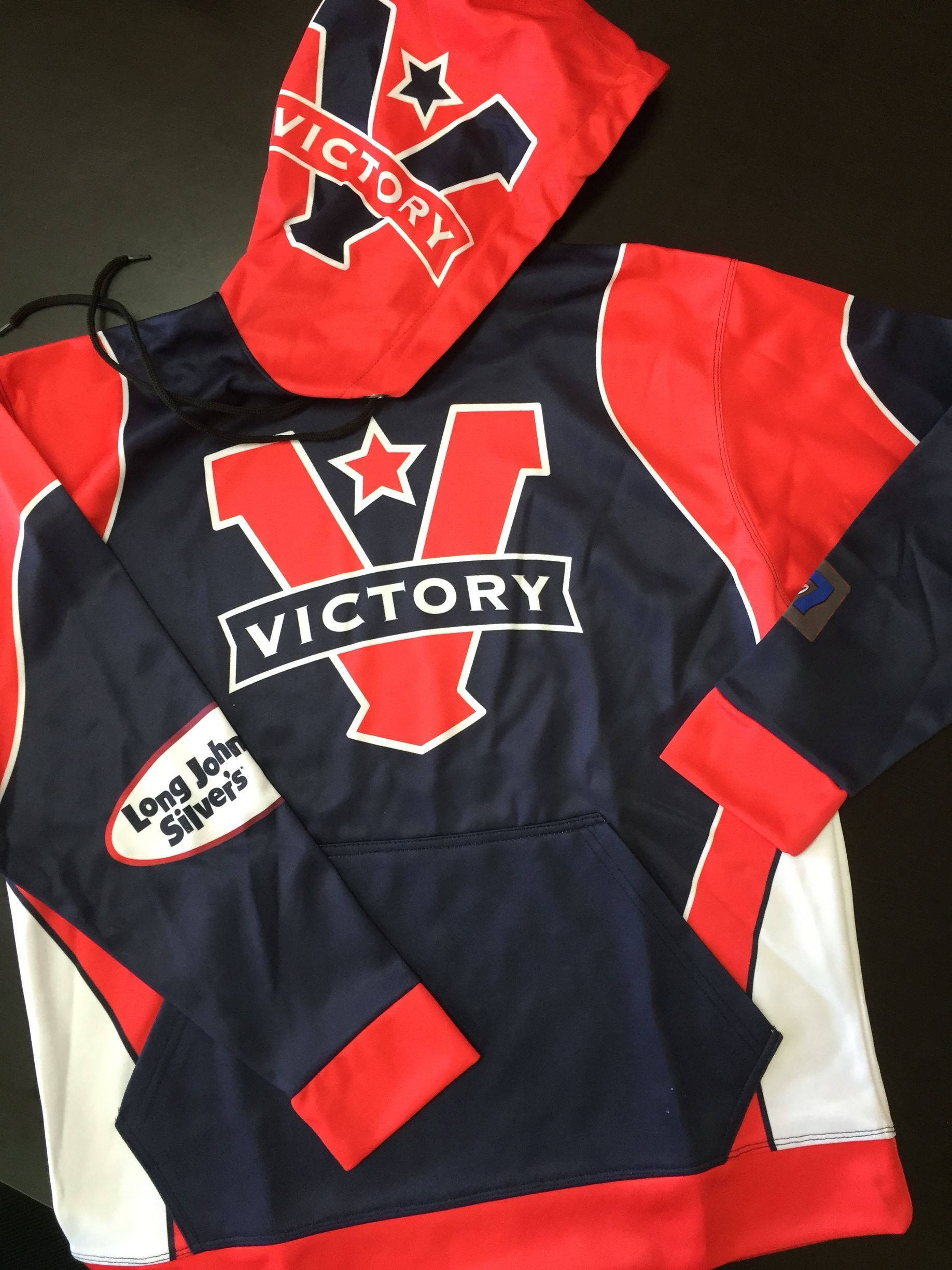 Navy, red, and white sweatshirt