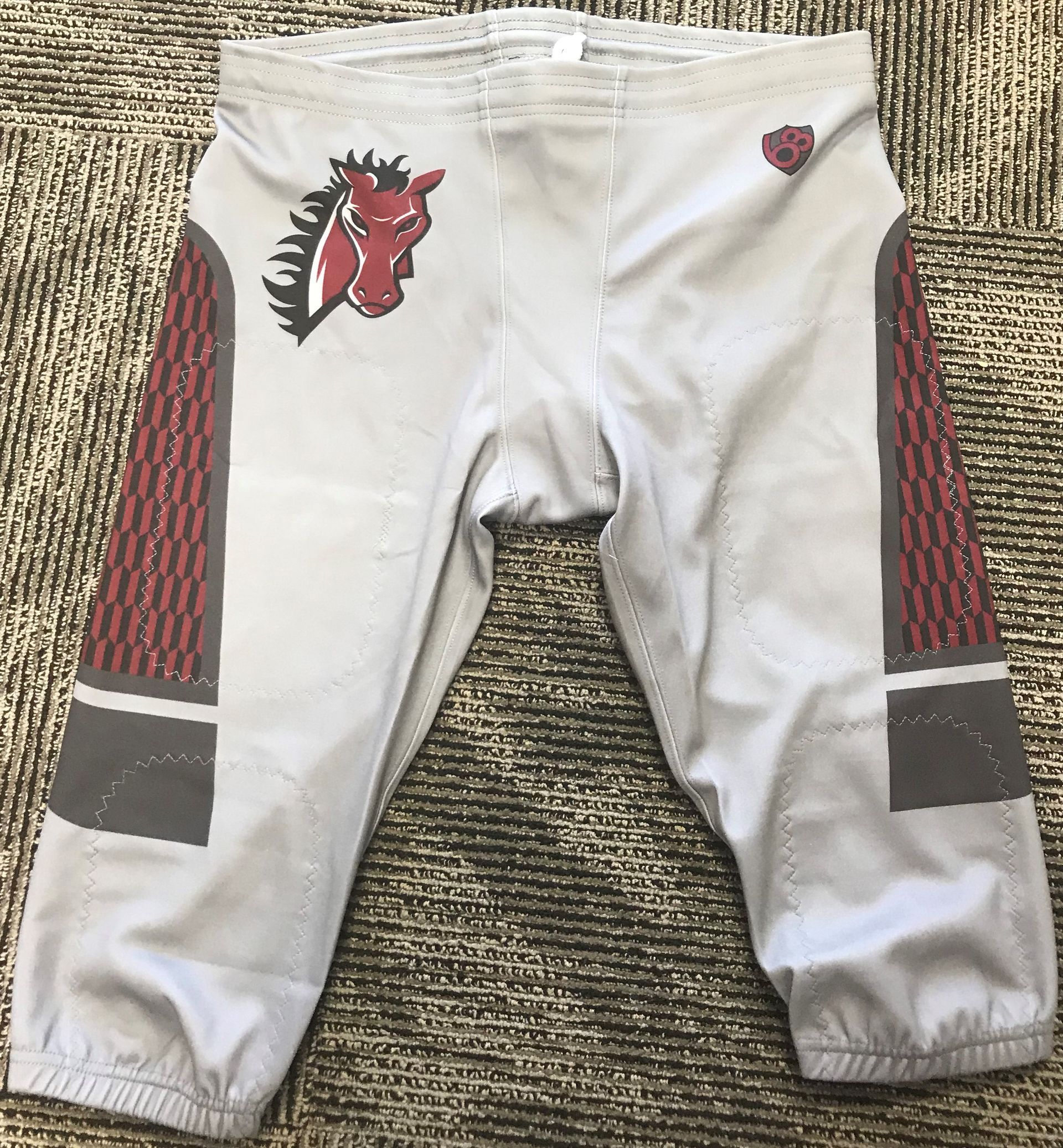 Football pants, gray with team logo and red/gray side panels.