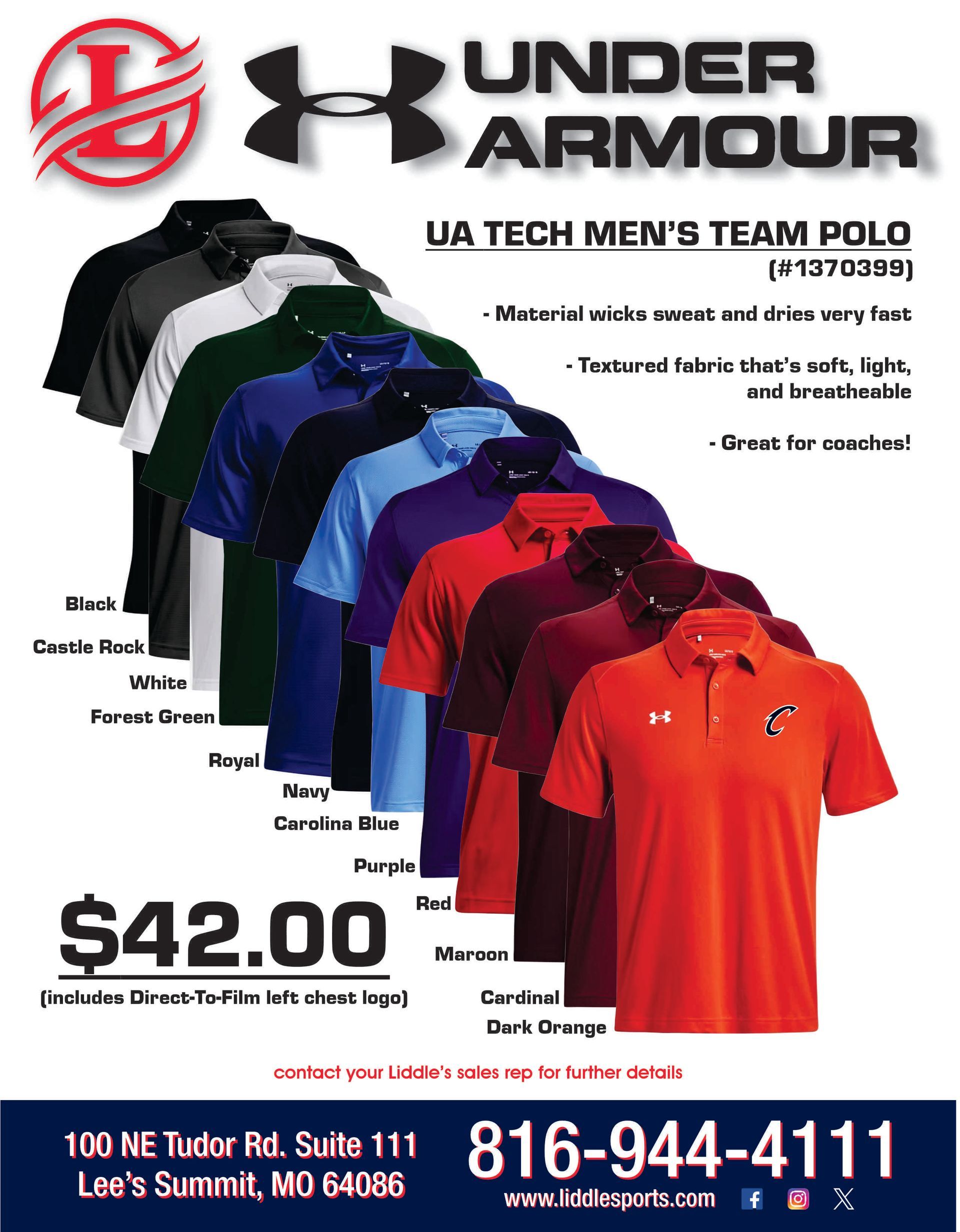Under Armour men's team polo shirts in various colors, $42 each. Contact info: 816-944-4111.