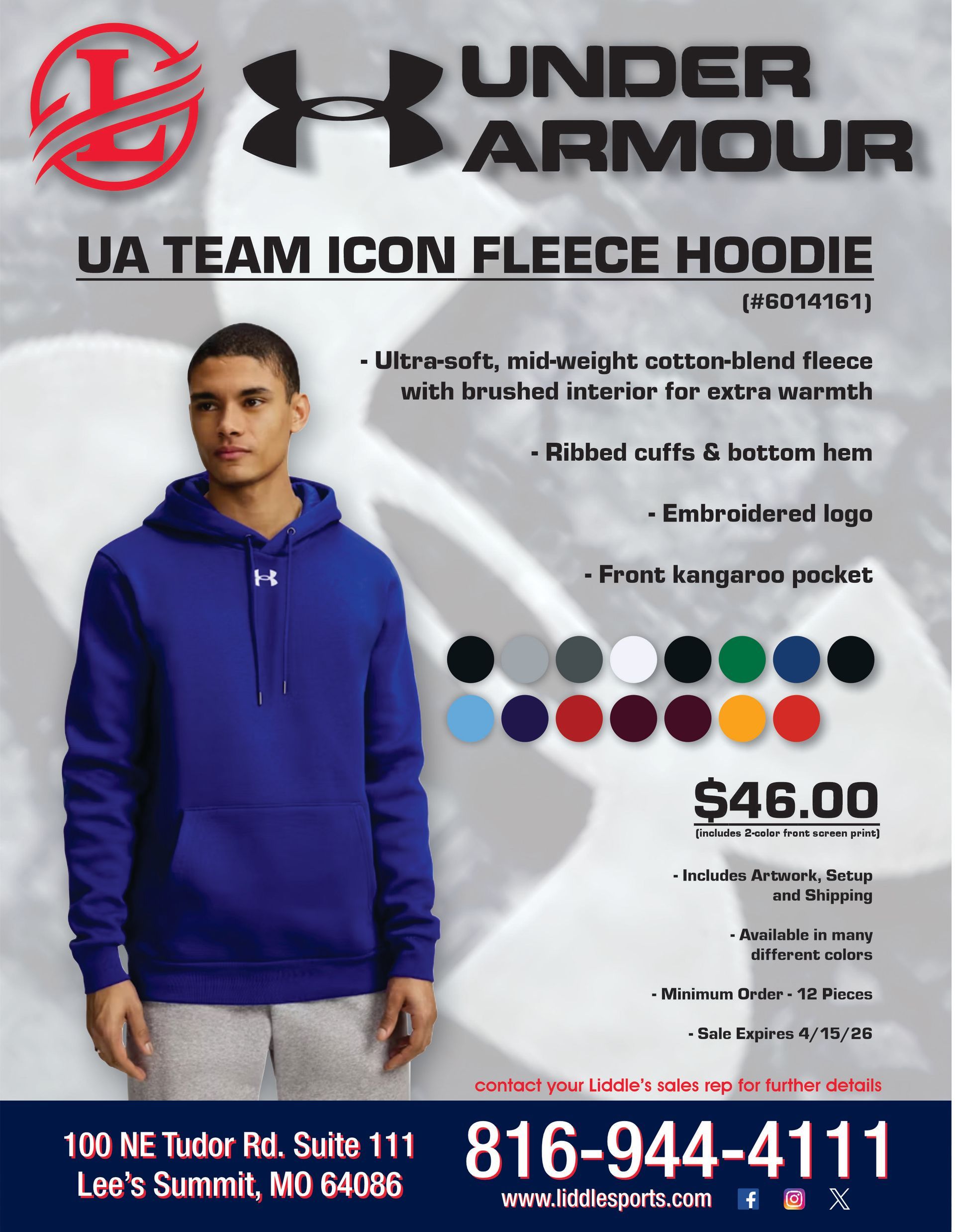 Man in blue Under Armour hoodie; product ad with price, color options, and store info.