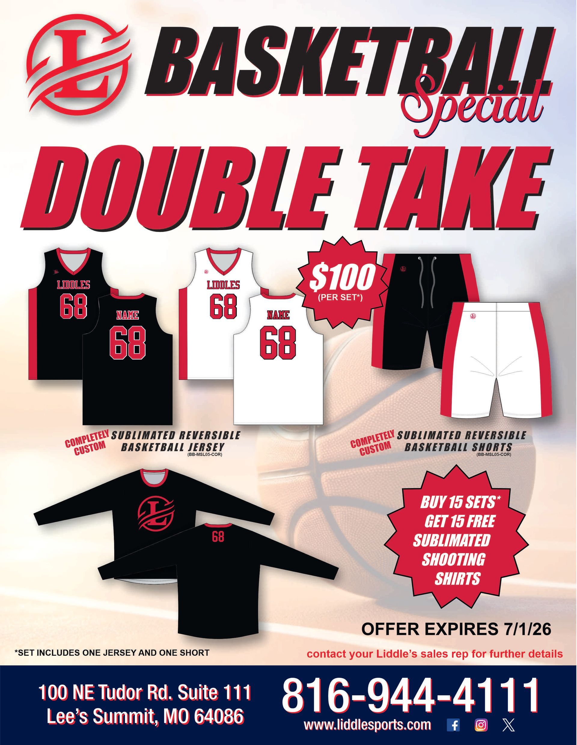 Basketball special ad with jerseys and shorts. Offer: $100 off, expires 7/1/25. Location: Lee's Summit, MO.