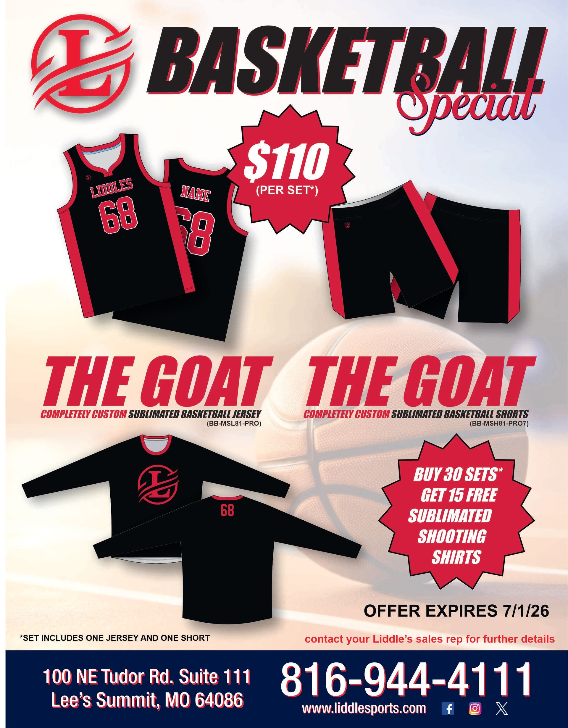 Basketball apparel sale. Black jerseys, shorts, long-sleeve shirts for $110/set.  Lee's Summit, MO. Offer expires 7/1/20.