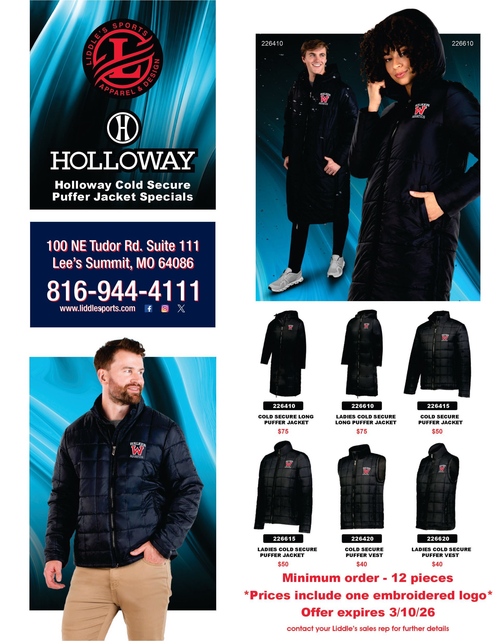 Holloway puffer jacket ad: jackets on models & displayed. Blue, red, black. Minimum order 12. Offer expires 3/10/24.