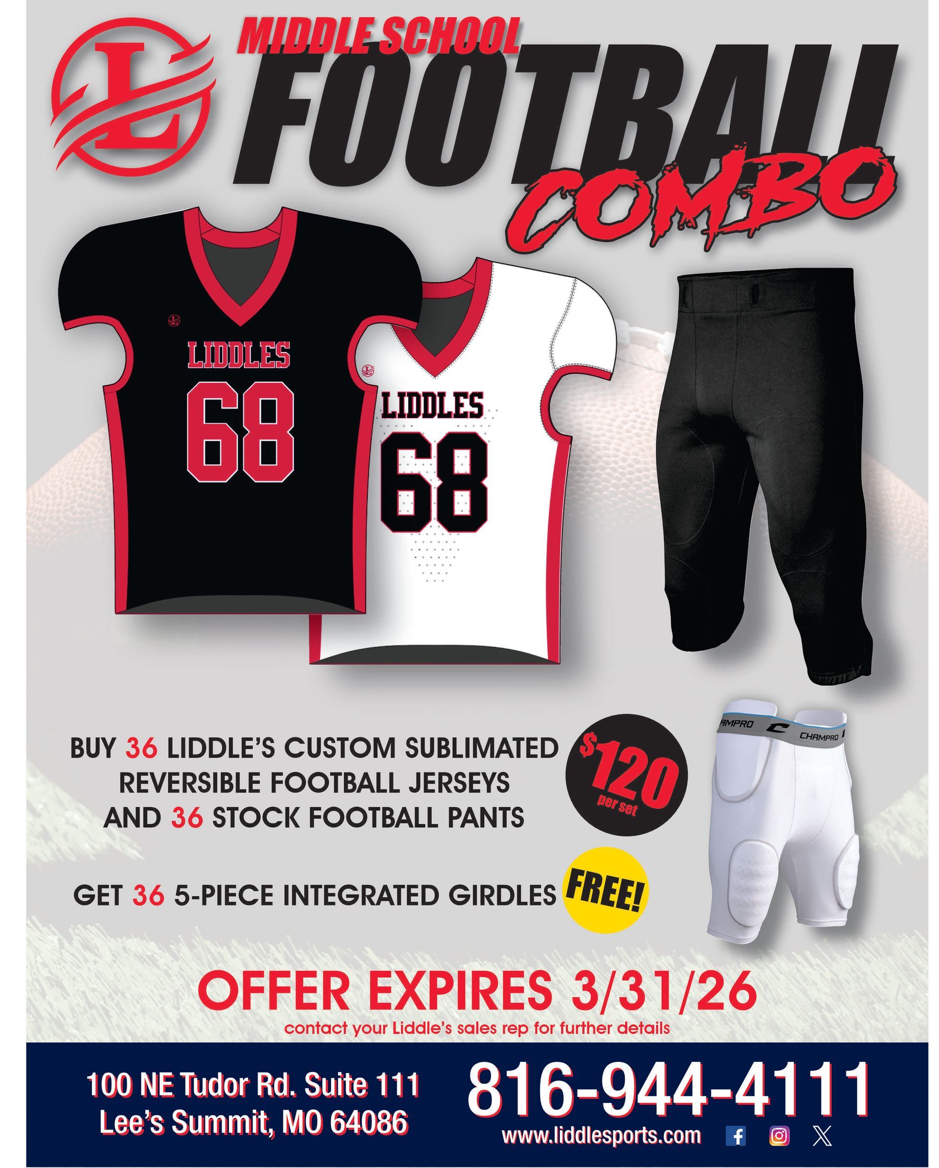 Football combo promotion: black/white jerseys, black pants, white girdle. Offer expires 3/31/26. Includes phone number and website.