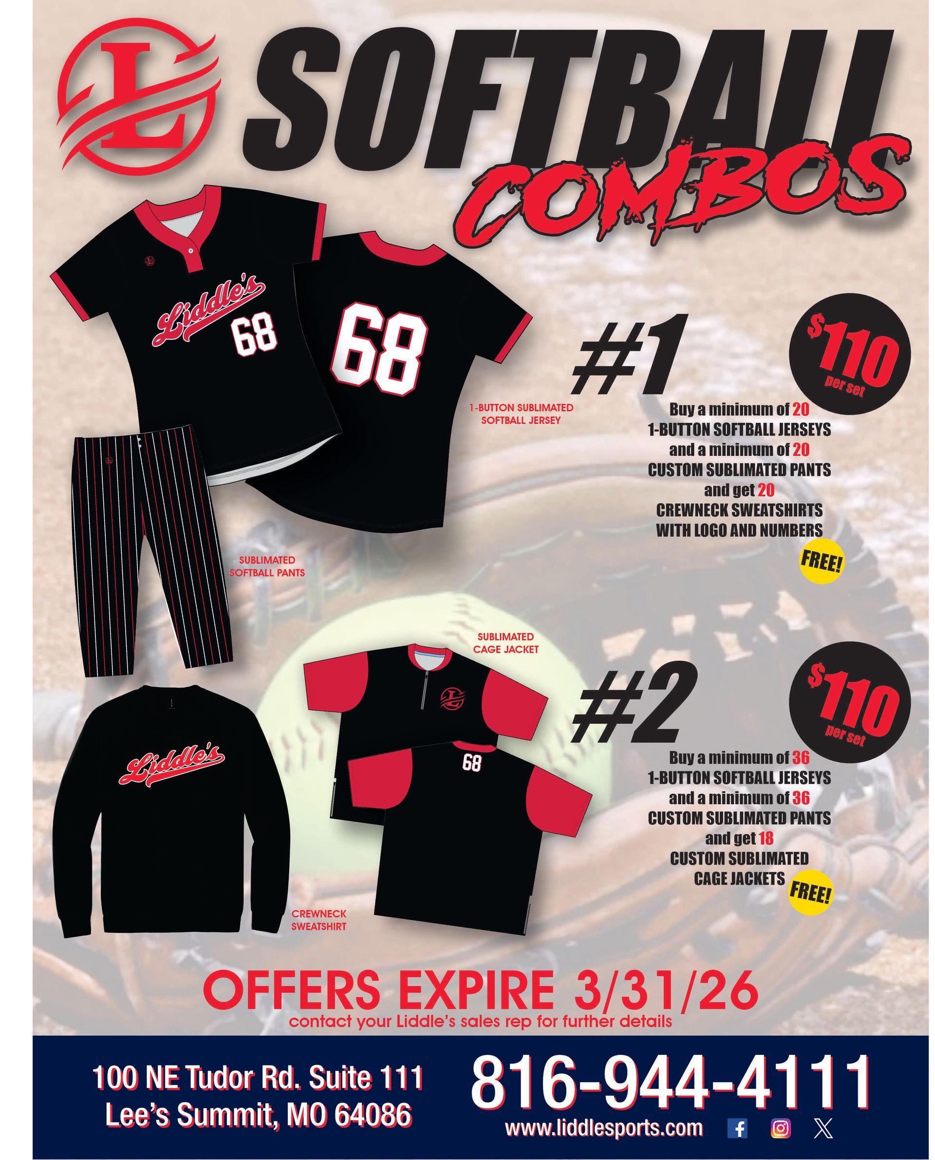 Softball combo advertisement. Includes jerseys, pants and pricing information. Expires 3/31/26.