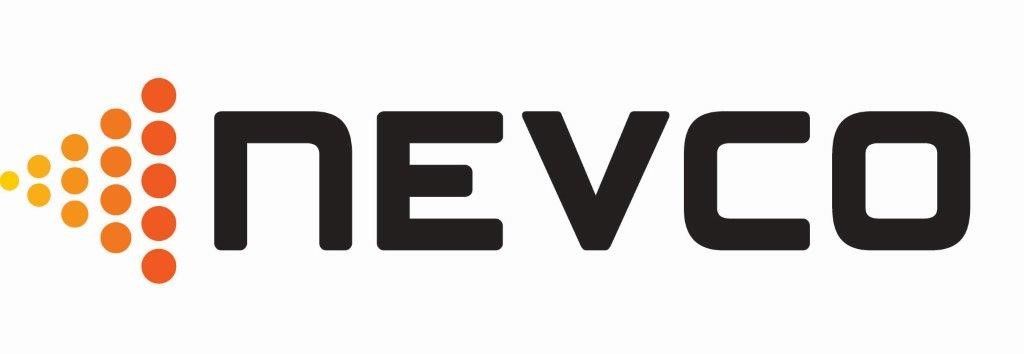 Logo for Nevco: Black text with a cluster of orange and yellow circles.