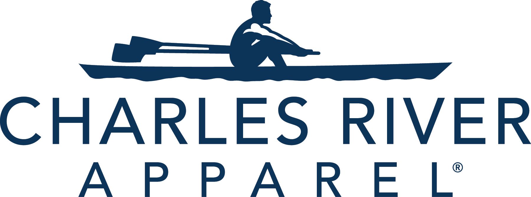 Charles River Apparel logo featuring a person rowing a boat, with the company name underneath.