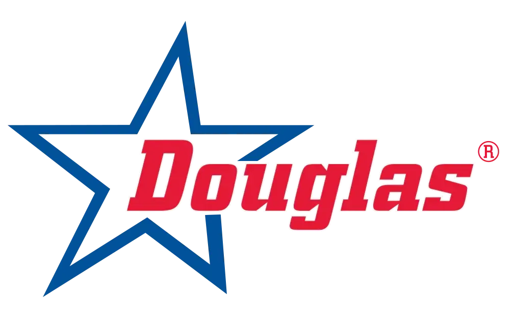 Logo for Douglas, a red wordmark inside a blue star.
