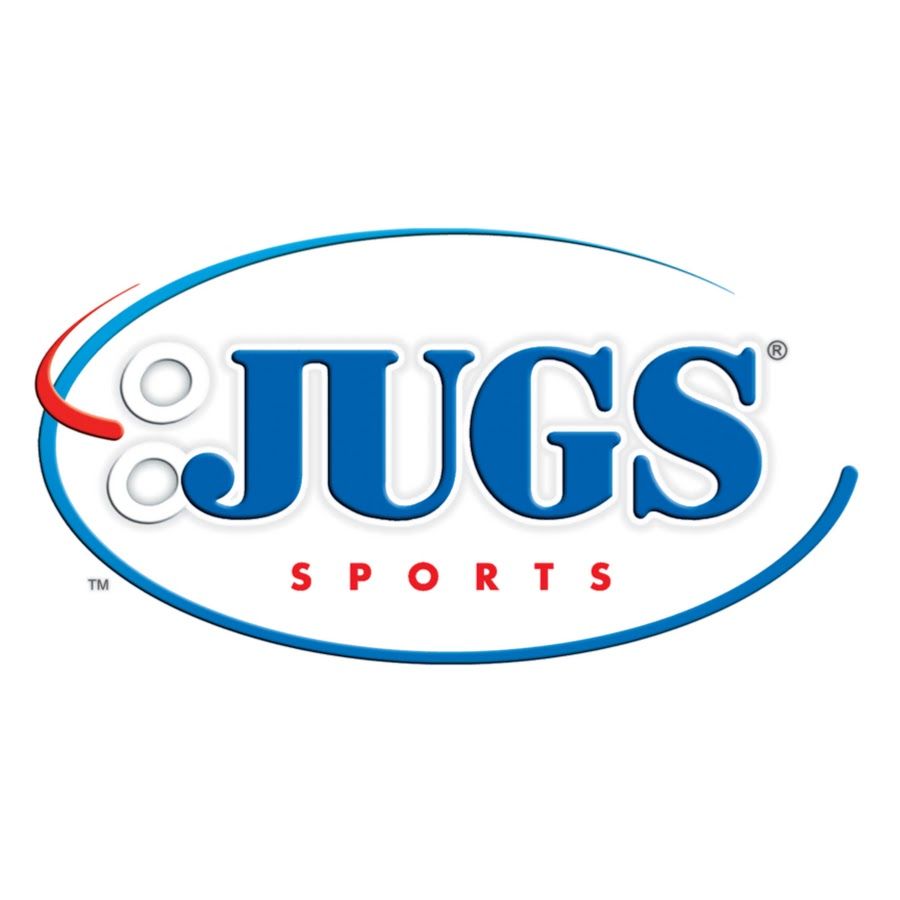 JUGS Sports logo with blue text on a white background, framed by blue and red arcs.