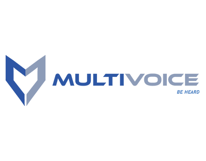 Logo for MultiVoice: blue stylized 