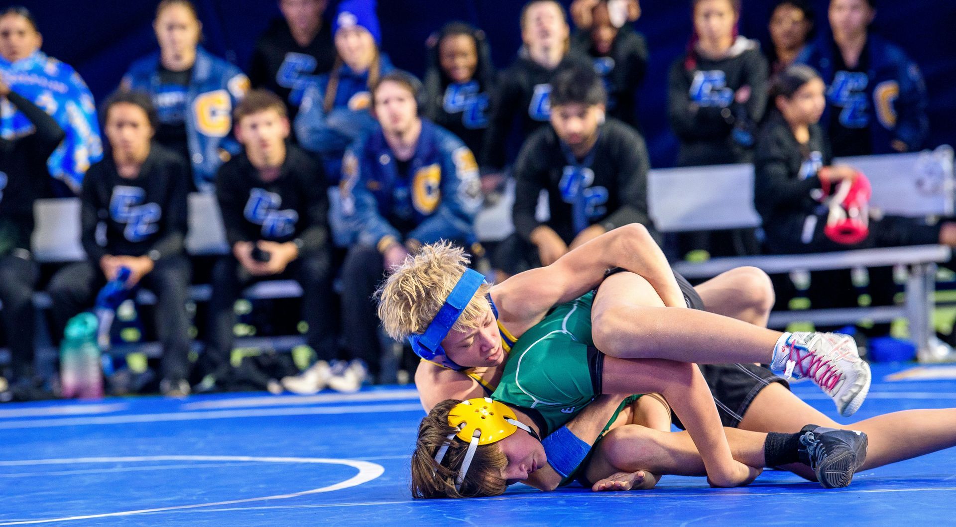 Wrestlers in green and black uniforms wrestling on a blue mat, crowd watching in bleachers.