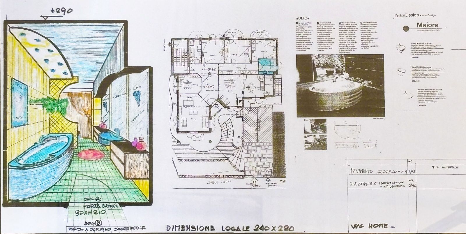 Schizzo di progettazione del bagno con planimetria e note.