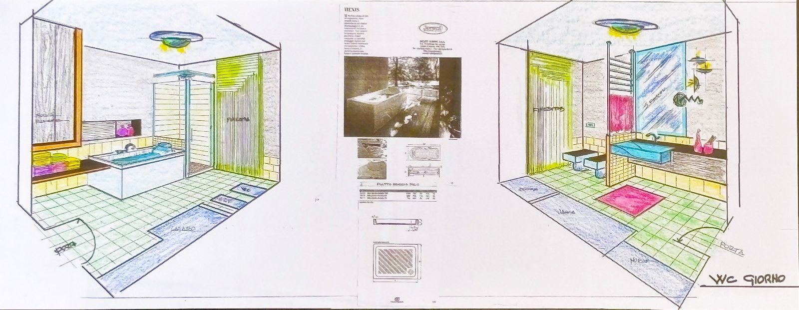 Due schizzi colorati di progettazione di un bagno con testo e una fotografia in bianco e nero al centro.