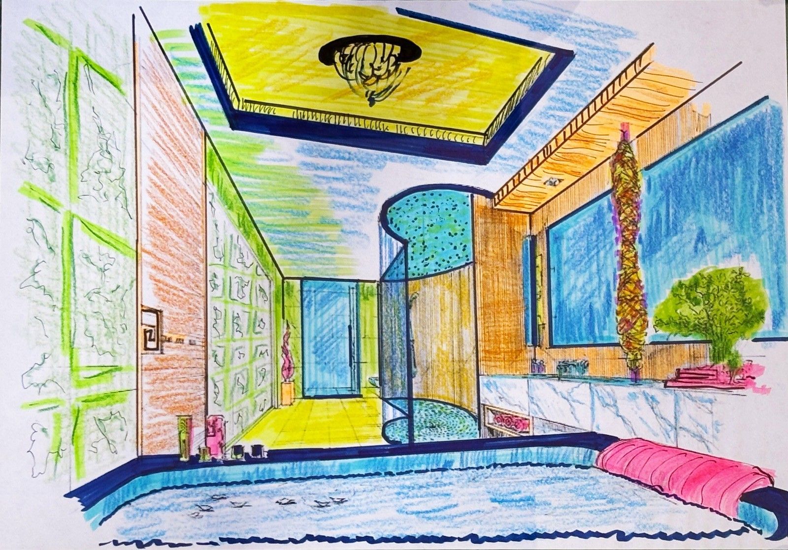 Disegno prospettico colorato di un interno moderno con piscina, ampie finestre e forme geometriche.