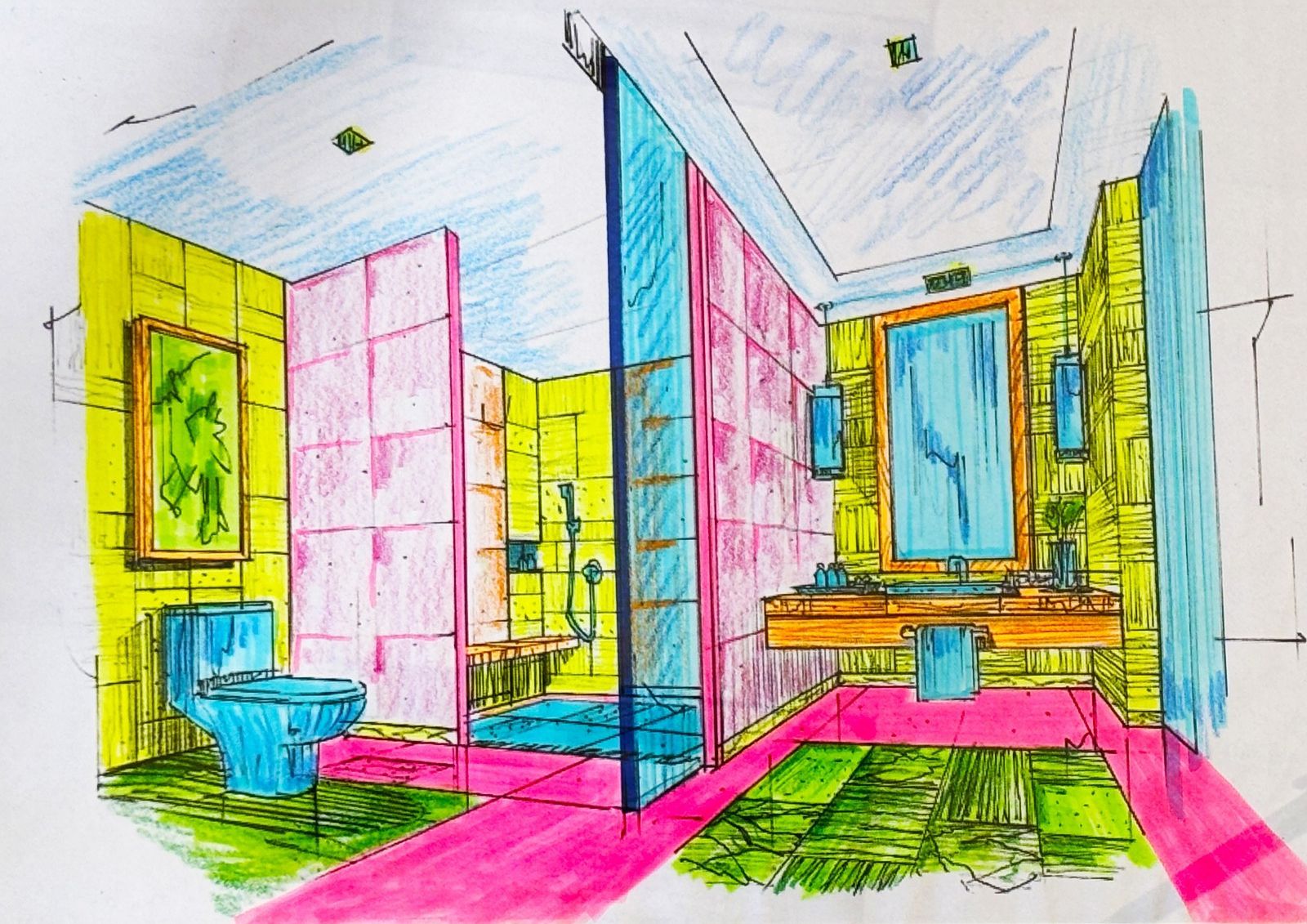 Schizzo di un bagno colorato disegnato a mano. Presenta un WC, una doccia, un mobile lavabo e dettagli rosa/verde/giallo. Vista prospettica.