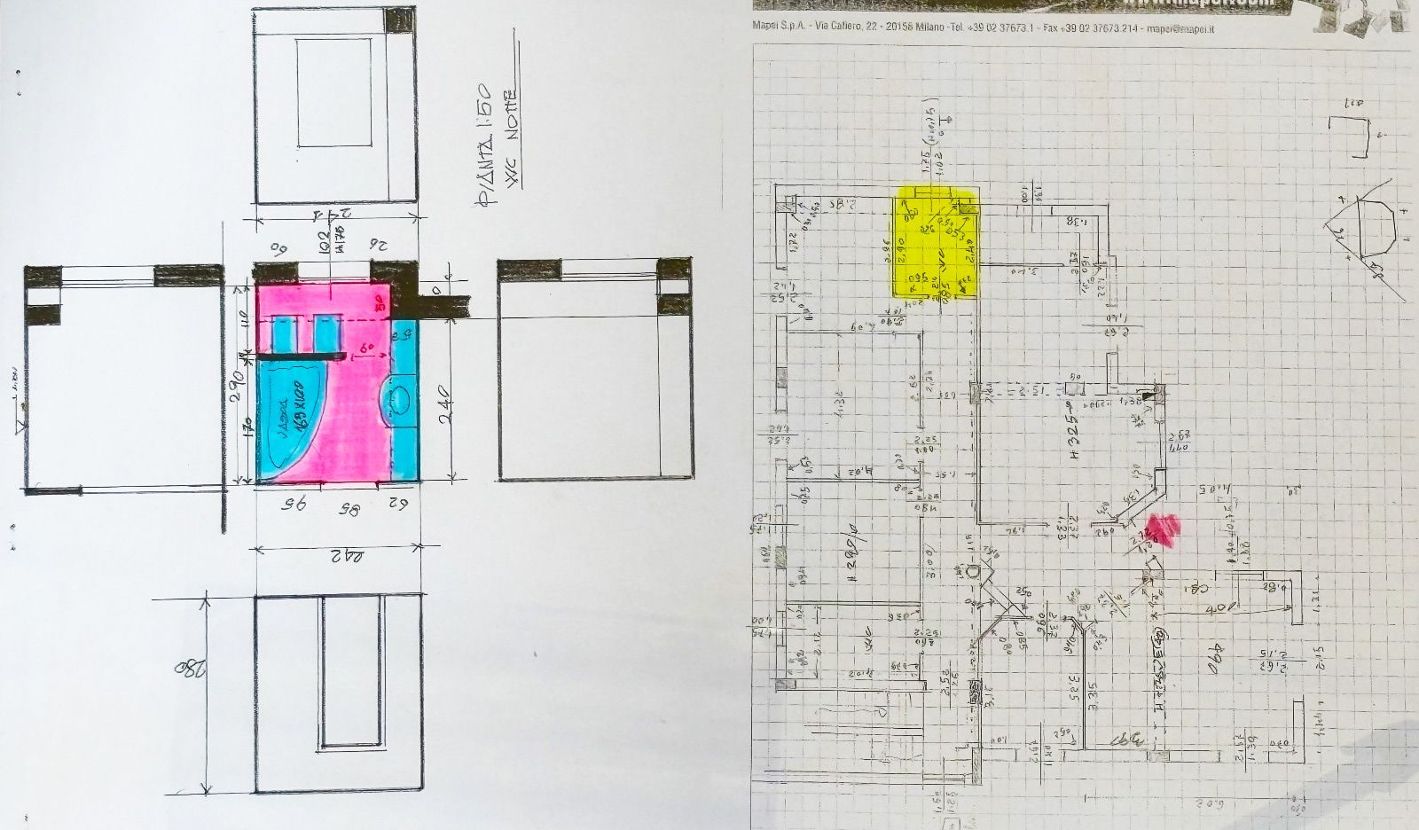 Disegni architettonici: planimetria con misure e prospetti, sezioni evidenziate in giallo, rosa e blu.
