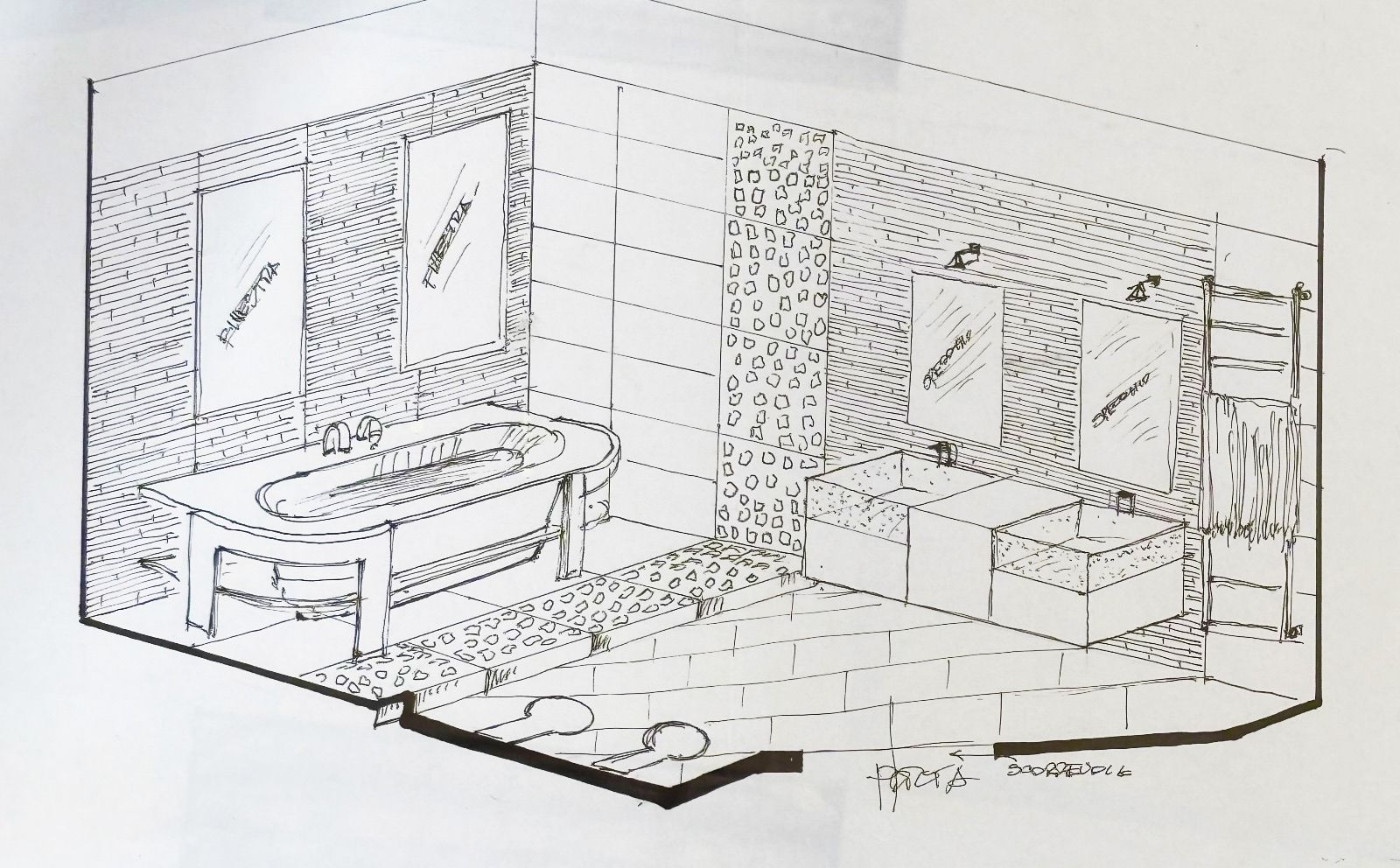 Schizzo isometrico di un bagno con vasca, lavandino, specchio e WC.