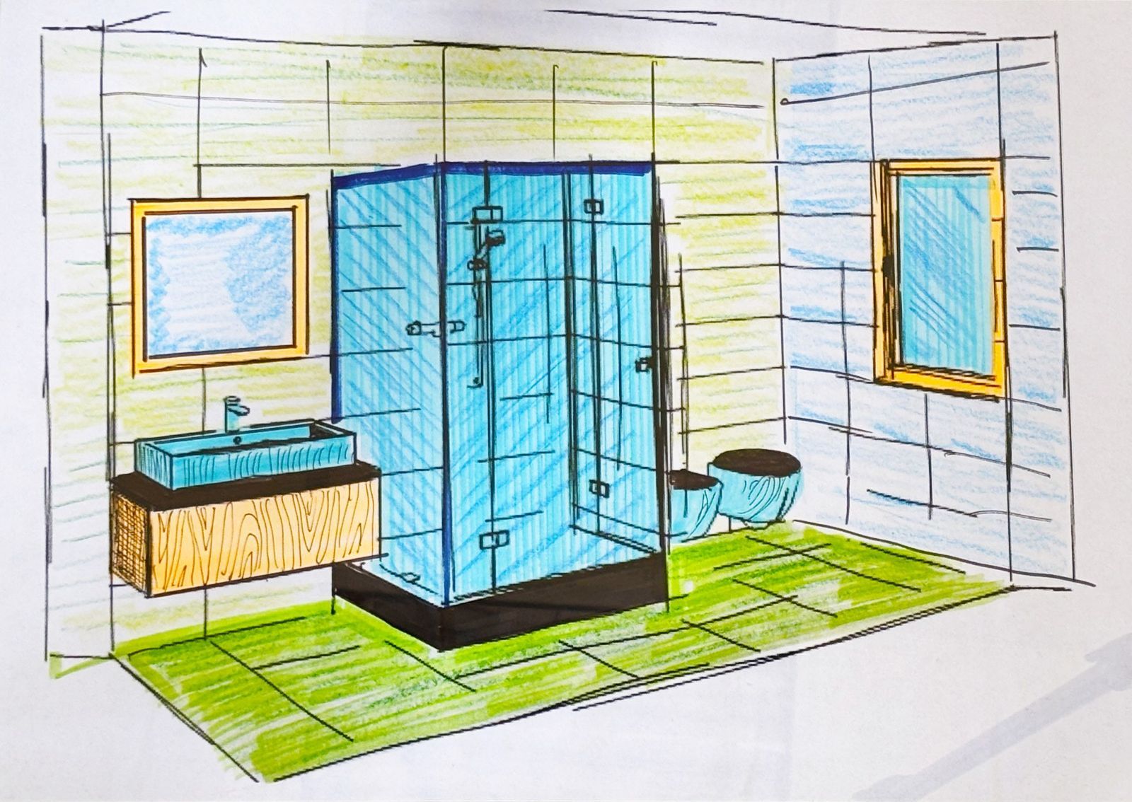 Uno schizzo disegnato a mano di un bagno con doccia, lavandino e WC piastrellati di blu su sfondo di piastrelle verde chiaro e gialle.