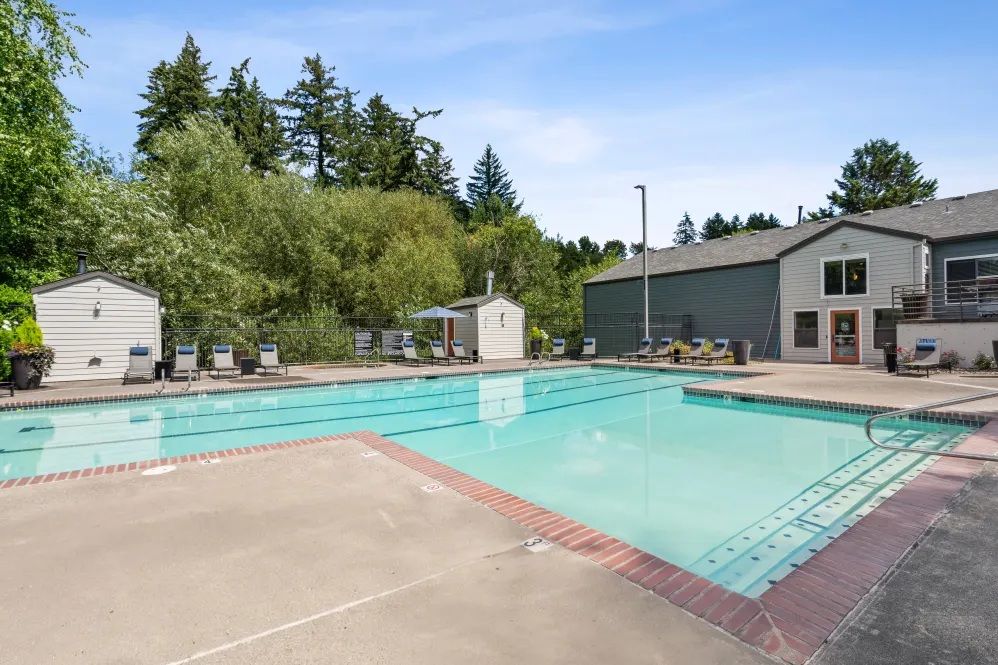 Outdoor swimming pool with a building and trees in the background under a blue sky.