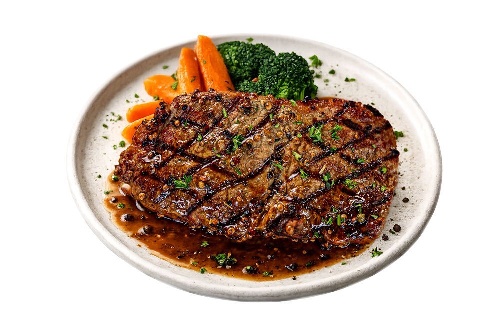 A grilled steak covered in brown sauce with cooked carrots and broccoli on a white plate.