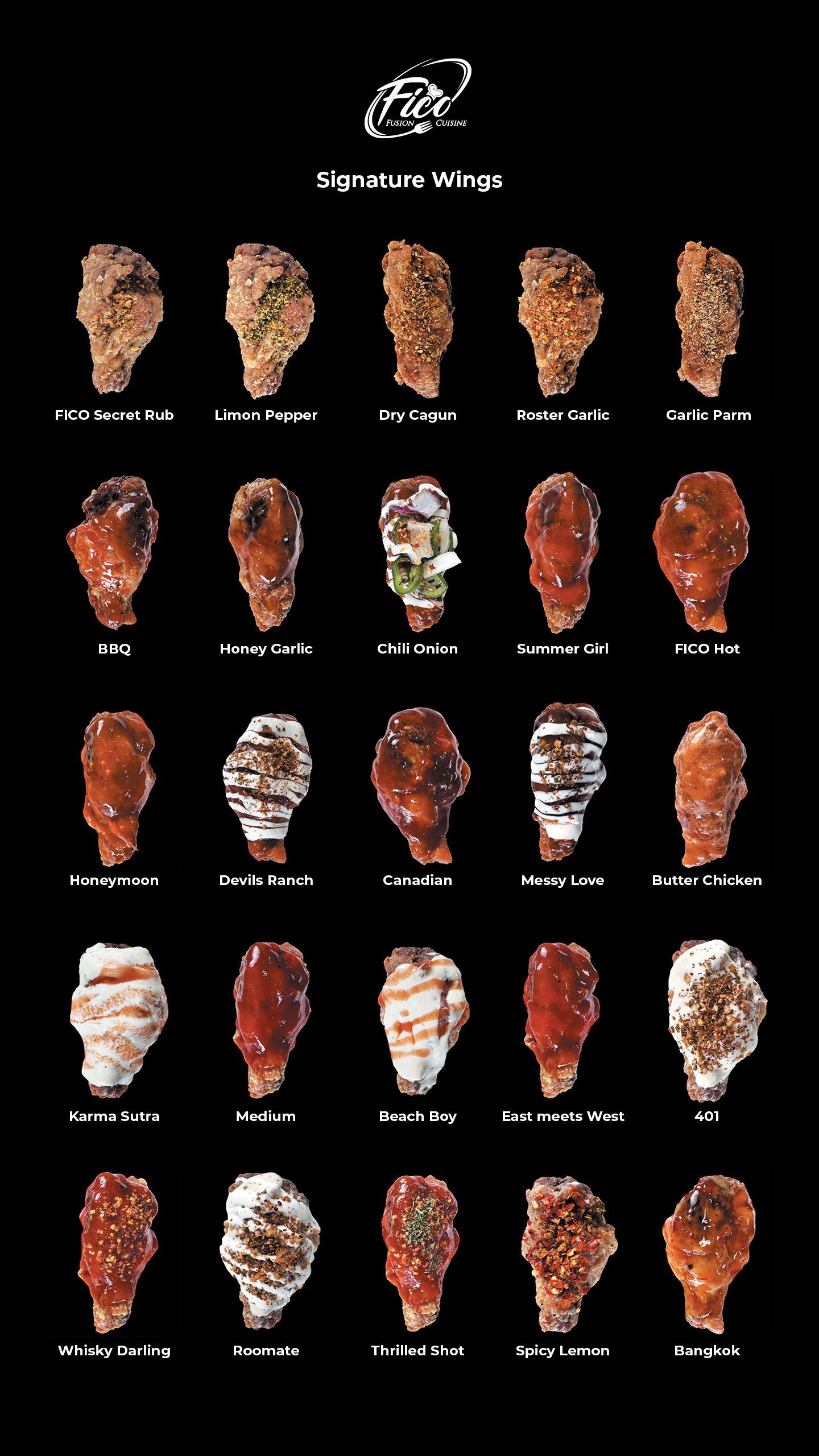 A grid of 25 various chicken wings displayed on a black background, representing a menu of different flavour options.